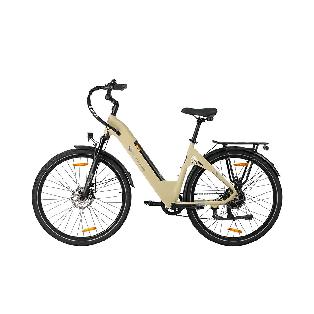 Bicicletta elettrica beige con pneumatici neri, portapacchi e parafanghi. Sella e manubrio neri. Illuminazione.