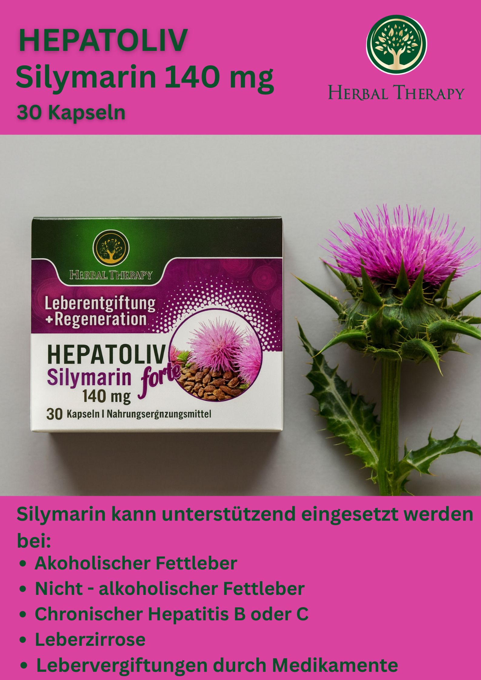 Scatola HEPATOLIV Silymarin 140 mg con testo e illustrazione. Nome del prodotto, 30 capsule. Sfondo con pianta.