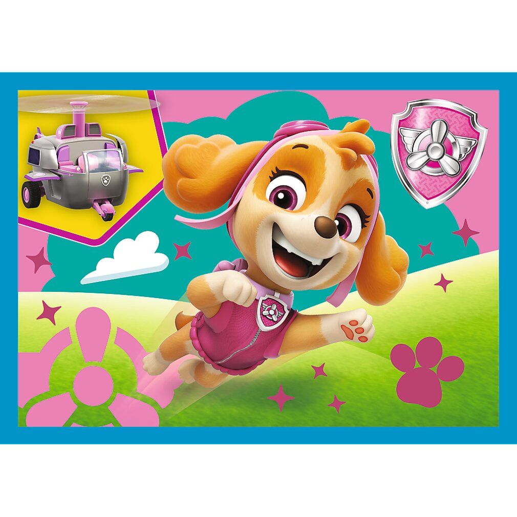 Puzzle con Skye, un elicottero rosa e un distintivo. Sfondo con stelle, impronta di zampa e nuvole. Bordo blu.