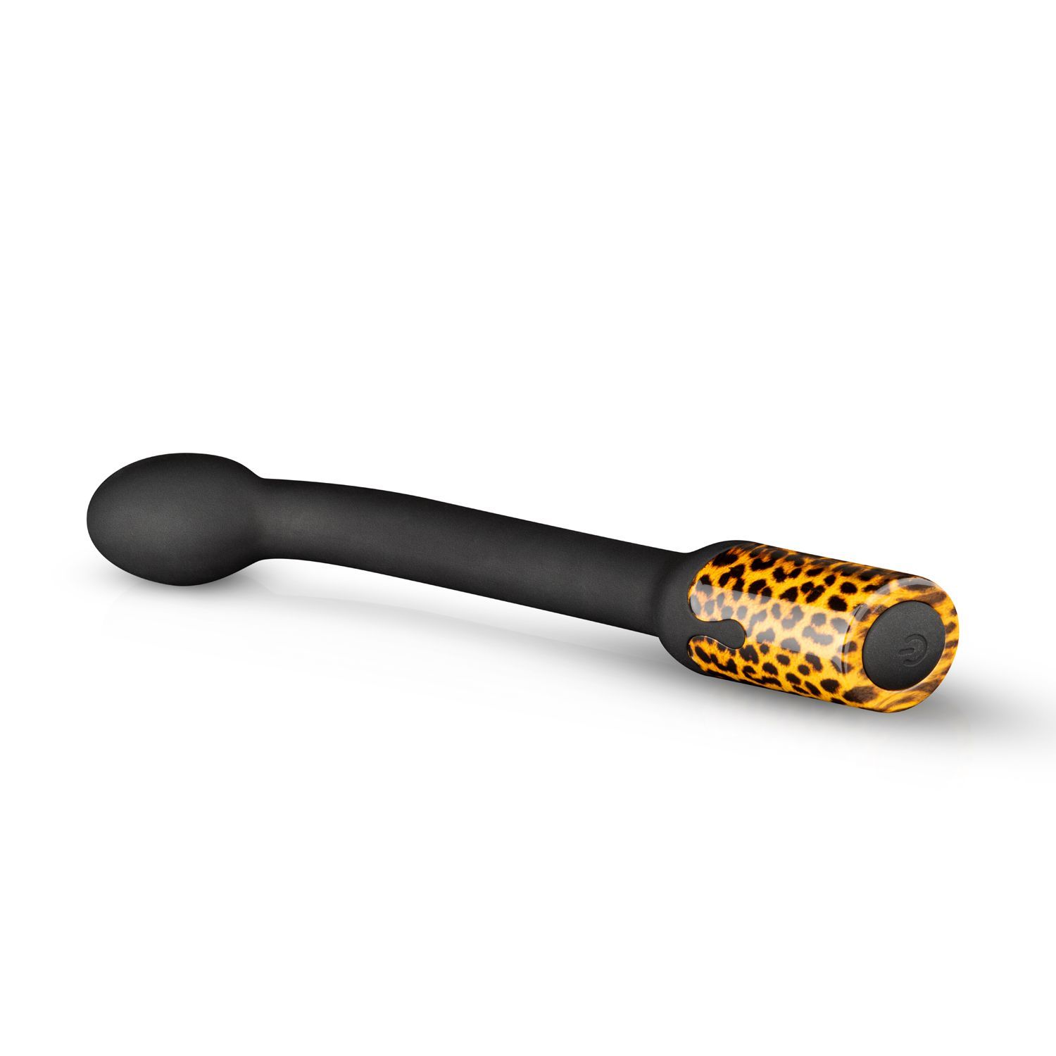 Vibratore nero curvo con base a fantasia leopardata, appoggiato su sfondo bianco.