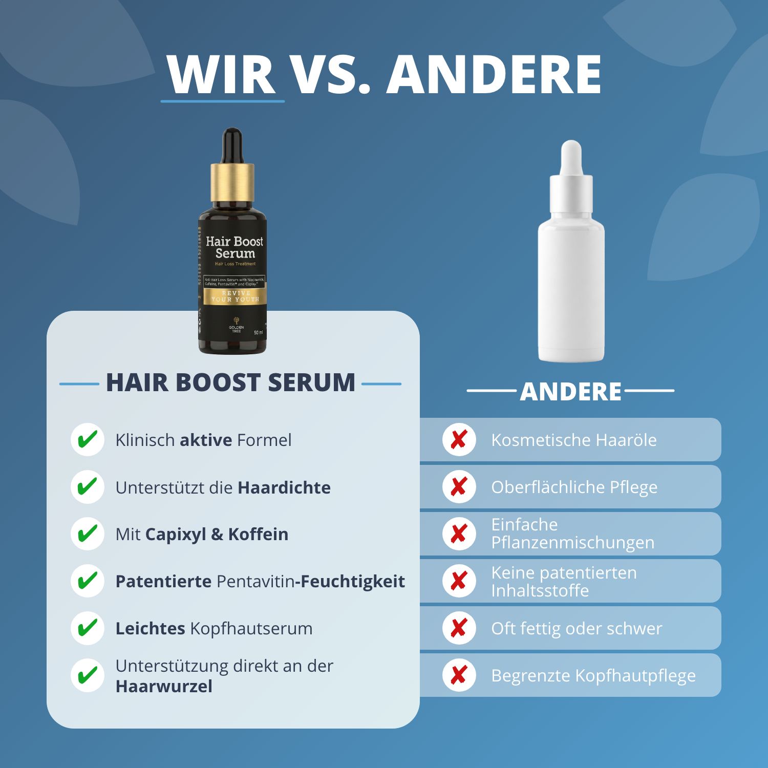 Confronto: Golden Tree Hair Boost Serum vs altri prodotti; formula clinicamente attiva.