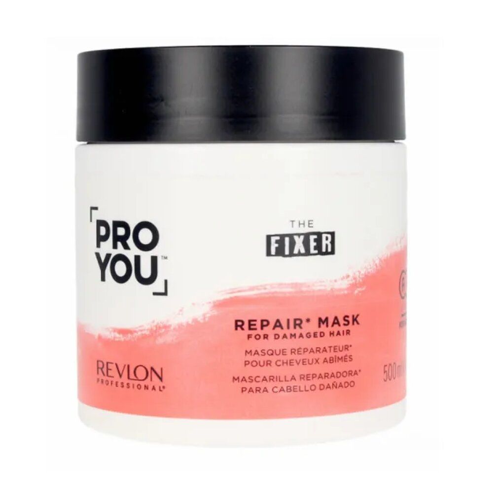 Vaso bianco con coperchio nero. Scritte: PRO YOU, THE FIXER, REPAIR MASK, REVLON. Sfumatura di colore rosso.