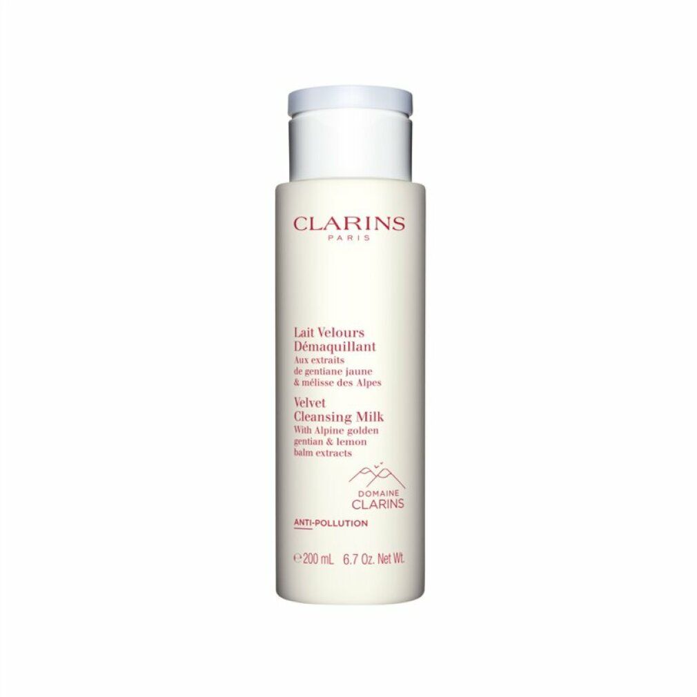 Flacone bianco con tappo a ribalta. Scritta: Clarins Paris, Lait Velours Démaquillant, Velvet Cleansing Milk. 200 ml.