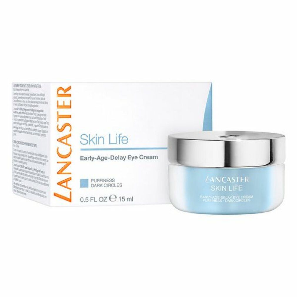 Confezione prodotto con vasetto di crema. Scritta: Lancaster Skin Life Early-Age-Delay Eye Cream. 15 ml.