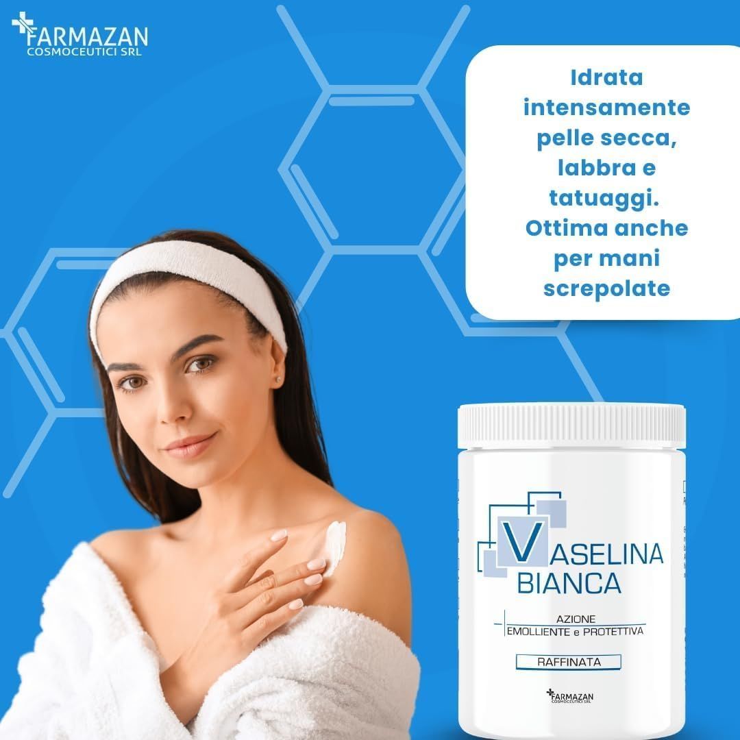 Donna con fascia, indossa un accappatoio. Prodotto: VASELINA BIANCA. Testo: AZIONE EMOLLIENTE E PROTETTIVA. Logo: FARMAZAN.