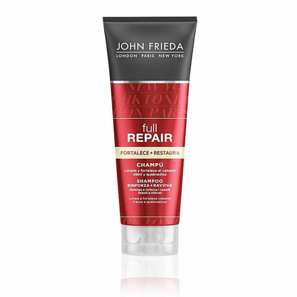 Shampoo John Frieda Full Repair. Tubo rosso con tappo nero. Testo: Full Repair, Fortalece + Restaura, Shampoo.