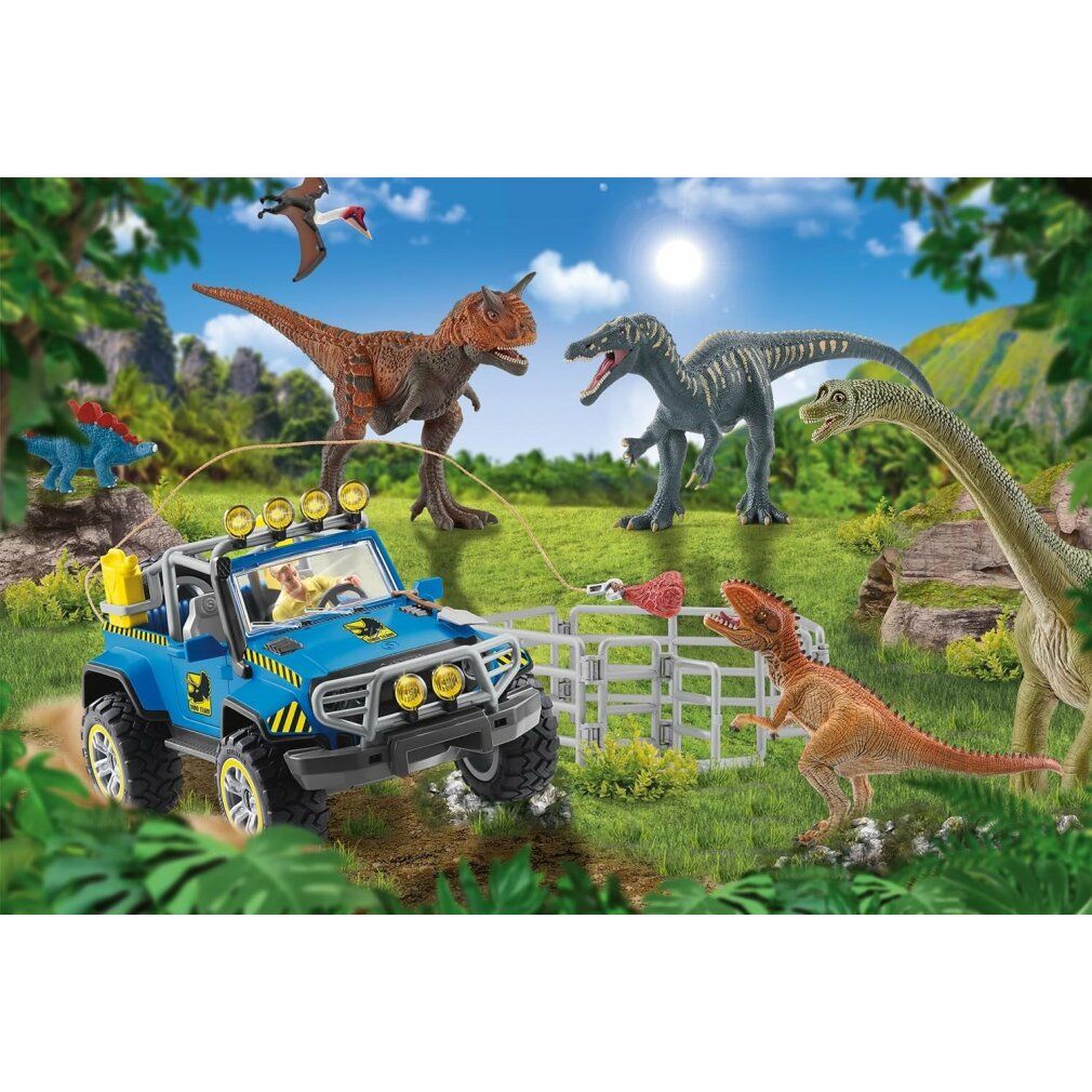 Puzzle con dinosauri e jeep. Figure: dinosauri, jeep. Sfondo: paesaggio con alberi, sole. Marchio: Schleich.