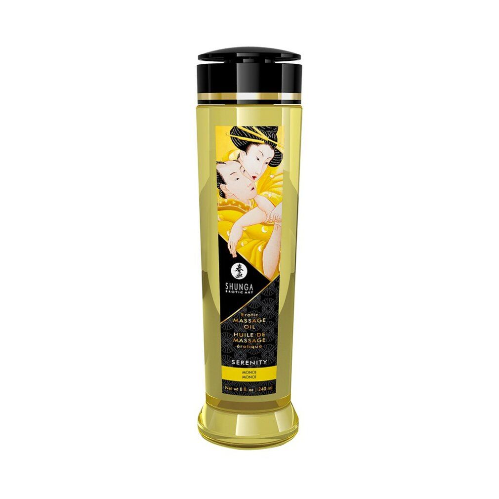 Flacone giallo con tappo nero. Etichetta con illustrazione. Testo: SHUNGA, Massage Oil, Serenity.