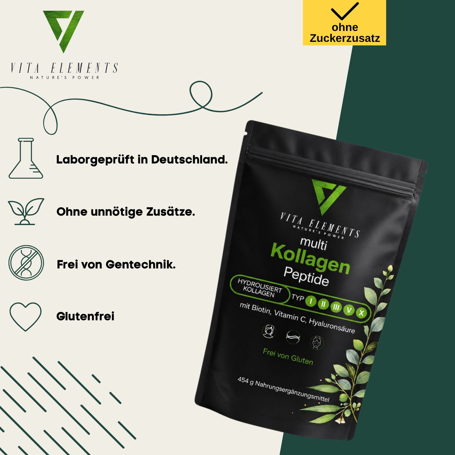 Busta Vita Elements Multi Collagene Peptide. Testato in laboratorio in Germania, senza additivi inutili, senza OGM e senza glutine. Senza zuccheri aggiunti.