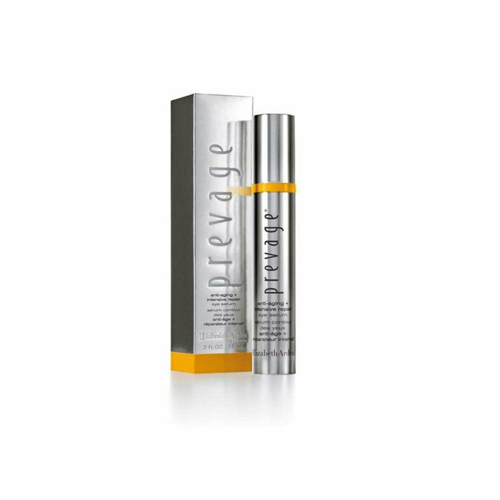 Flacone e scatola argentati con "prevage". Accento giallo. Testo: Siero occhi anti-età. 15 ml.