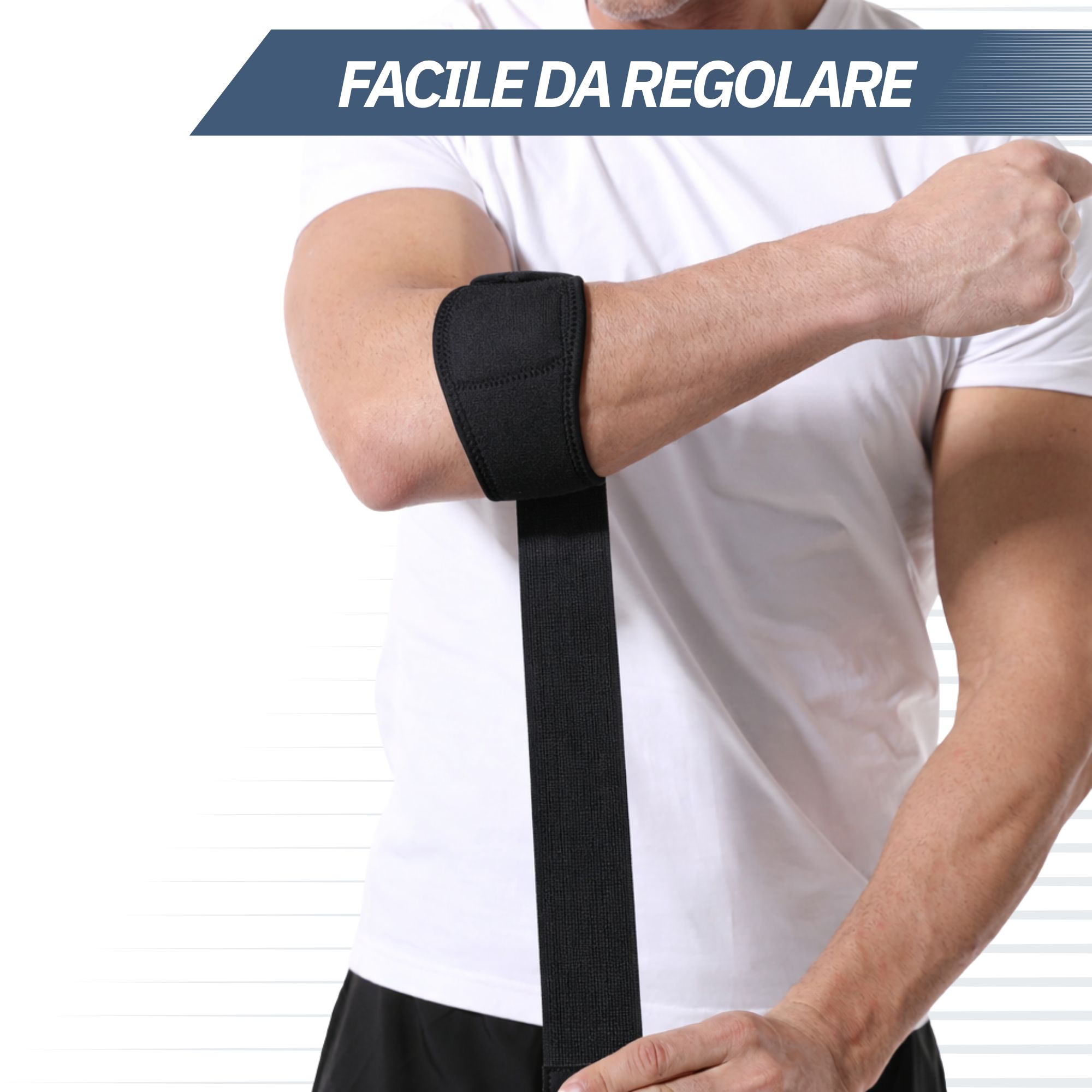Tutore nero per gomito con una lunga cinghia regolabile.