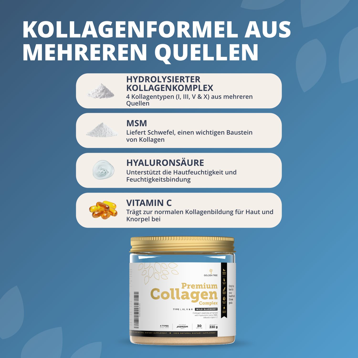 Barattolo Golden Tree Premium Collagen Complex con informazioni su Complesso di Collagene Idrolizzato, MSM, Acido Ialuronico e Vitamina C.