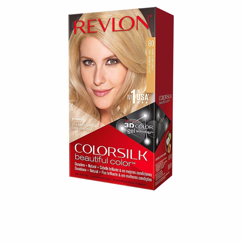 Confezione di tinta per capelli Revlon Colorsilk. Colore Light As Blonde. Immagine di donna bionda sulla confezione.