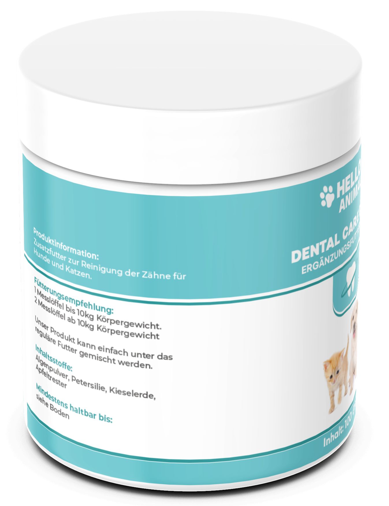 Barattolo bianco con etichetta blu. Testo: Integratore per la pulizia dei denti di cani e gatti. Retro con testo.