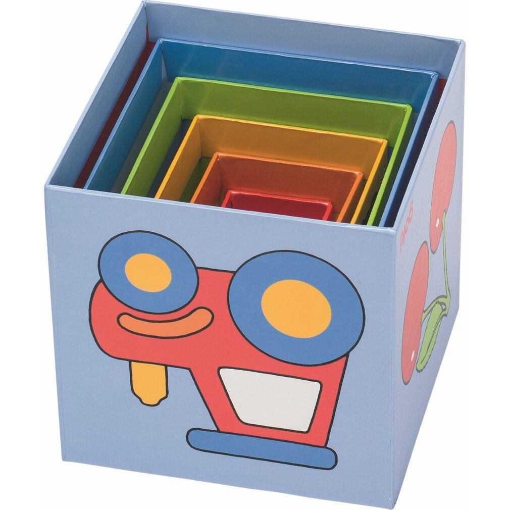 Goki Cheerful Block Tower. Sei blocchi quadrati colorati incastrati. In una scatola con illustrazione di auto.