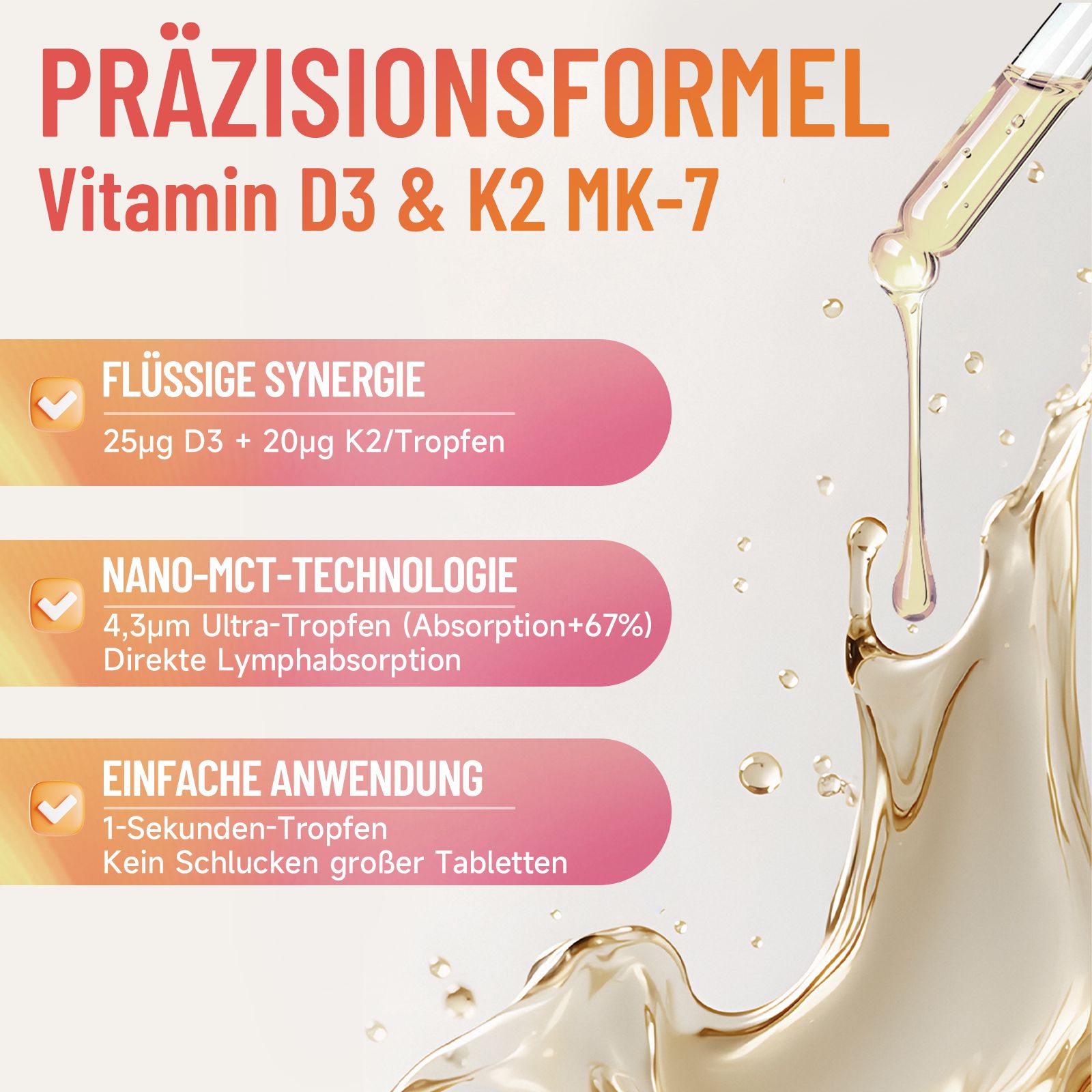 Flacone Sonnesee Vitamina D3/K2 gocce Ciliegia con contagocce e texture liquida.
