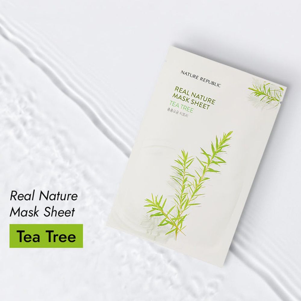 Confezione maschera viso NATURE REPUBLIC. Illustrazione tea tree su sfondo bianco con acqua.