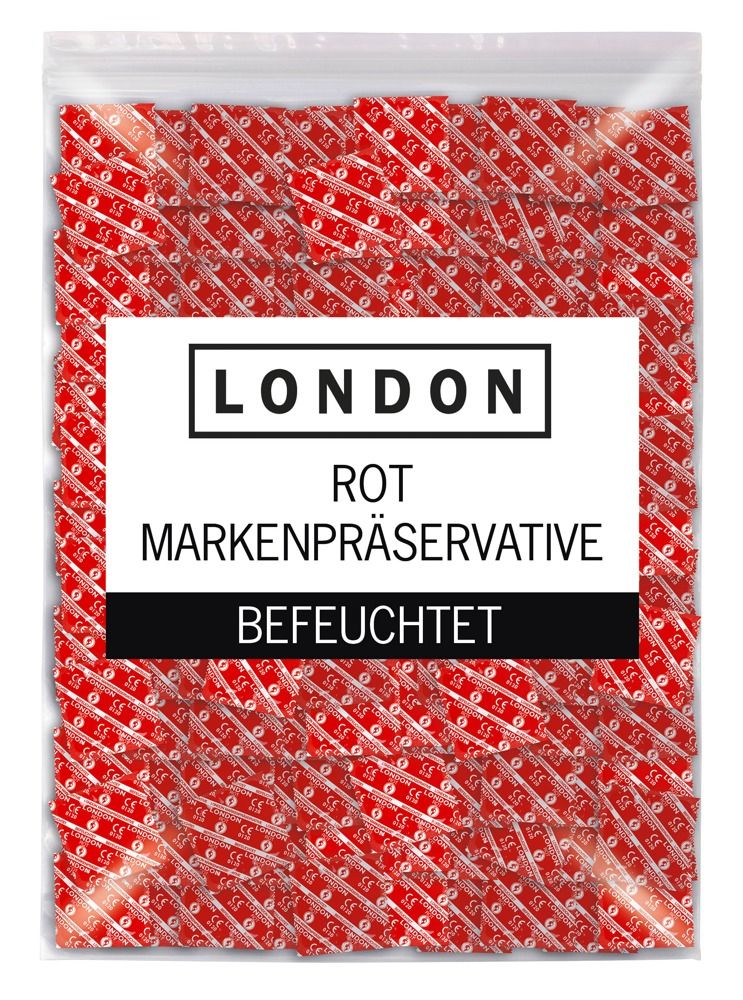 Confezione con molti preservativi rossi. Scritta: LONDON ROT MARKENPRÄSERVATIVE BEFEUCHTET.
