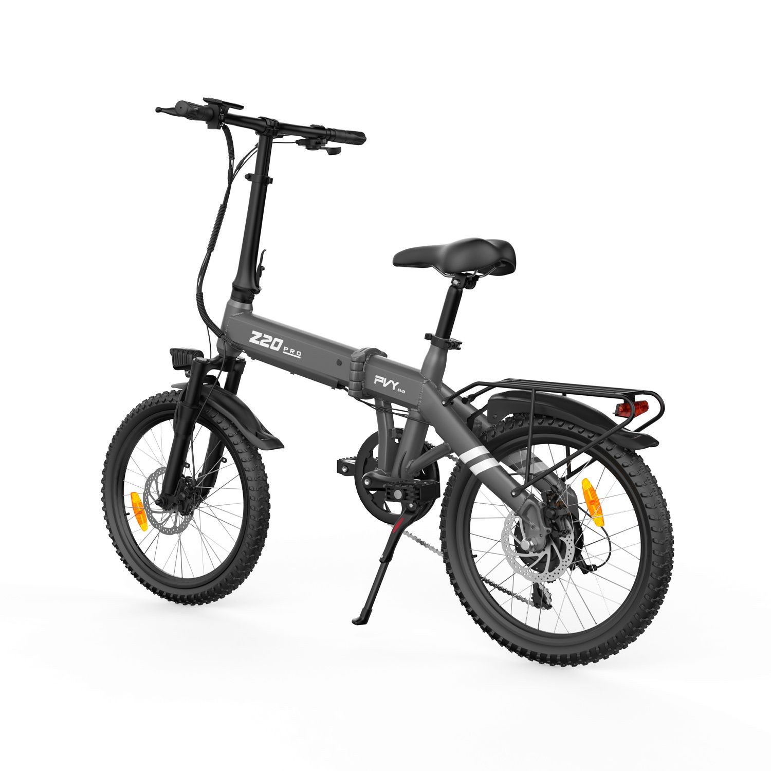 E-bike pieghevole grigio con sella, manubrio e pneumatici neri. Portapacchi posteriore. Logo PVY.