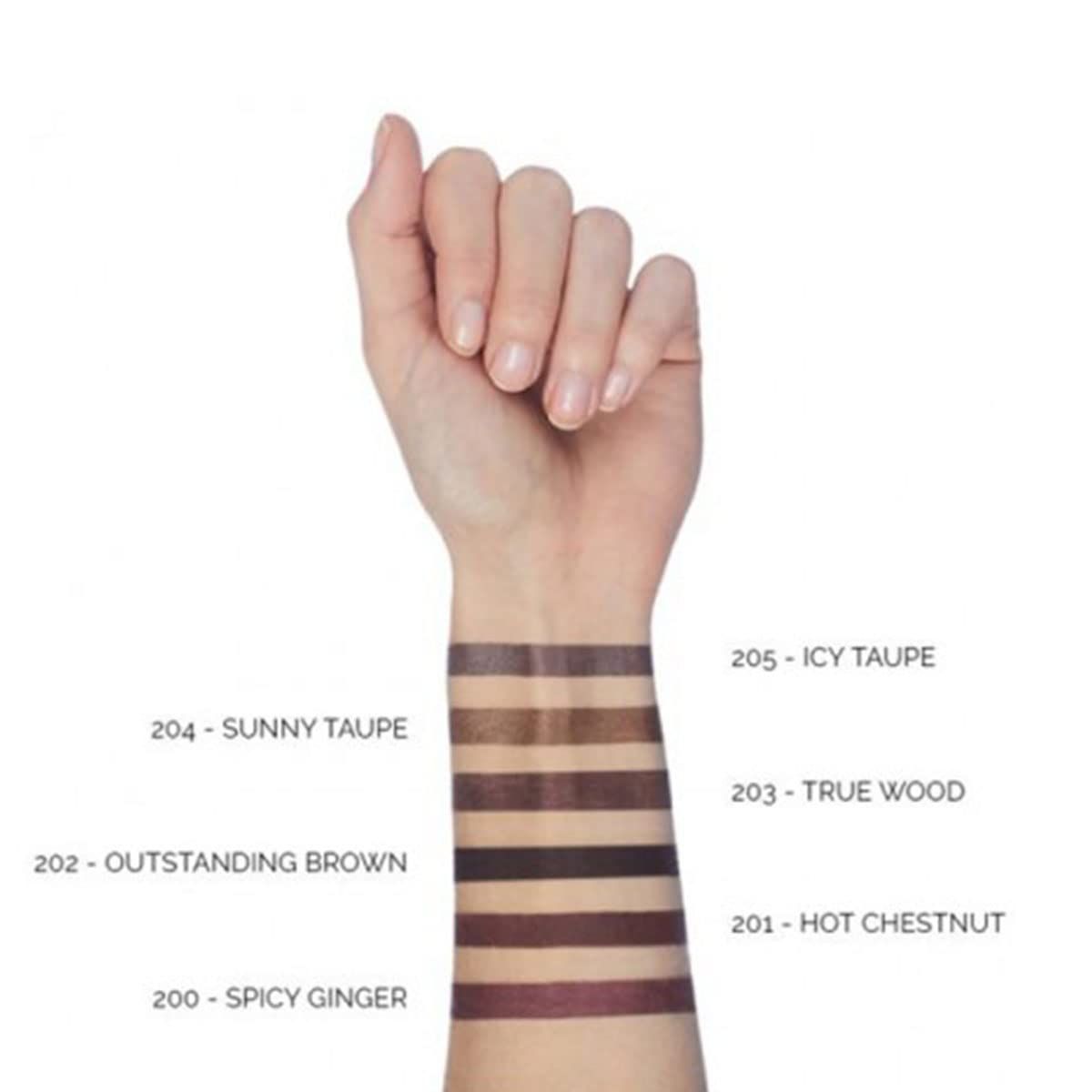 Braccio con campioni di colore. Diverse tonalità di marrone. Scritte: Sunny Taupe, Icy Taupe, True Wood, Hot Chestnut, Spicy Ginger.