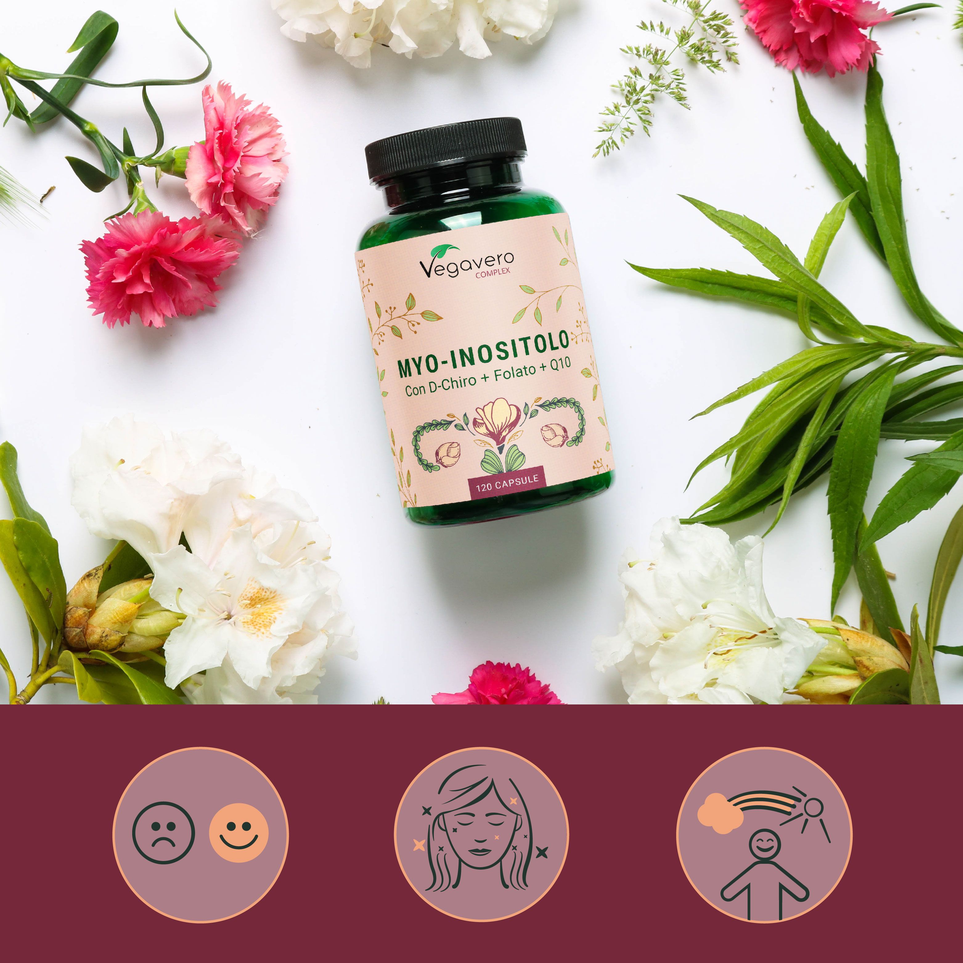 Bottiglia verde con tappo nero, circondata da fiori. Etichetta con nome del prodotto e 120 capsule. Marca: Vegavero.