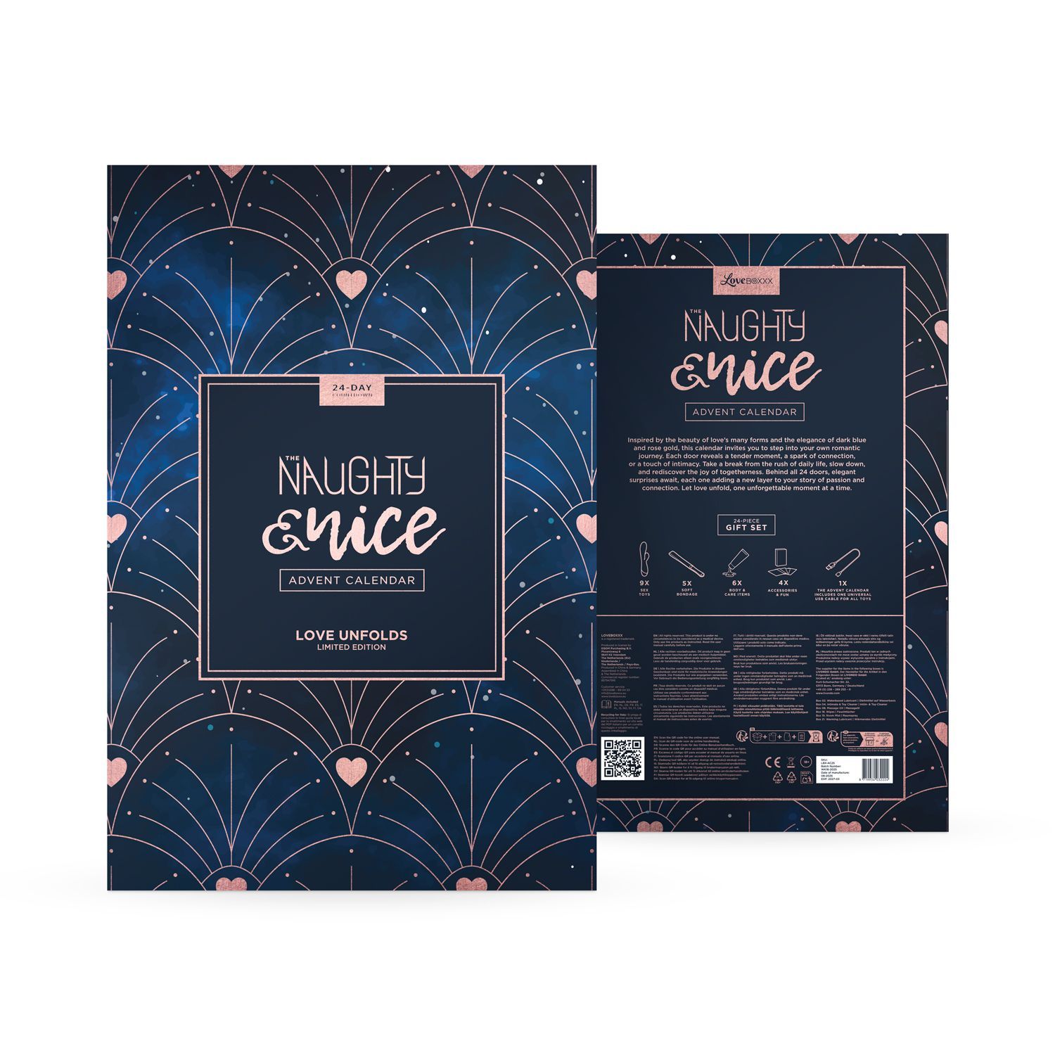 Calendario dell'Avvento chiuso. Elementi blu e rosa. Scritta: Naughty & Nice Adventskalender.