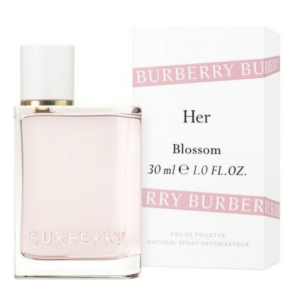 Flacone di profumo e confezione. Flacone con tappo bianco, liquido rosa. Confezione con testo: Burberry Her Blossom.
