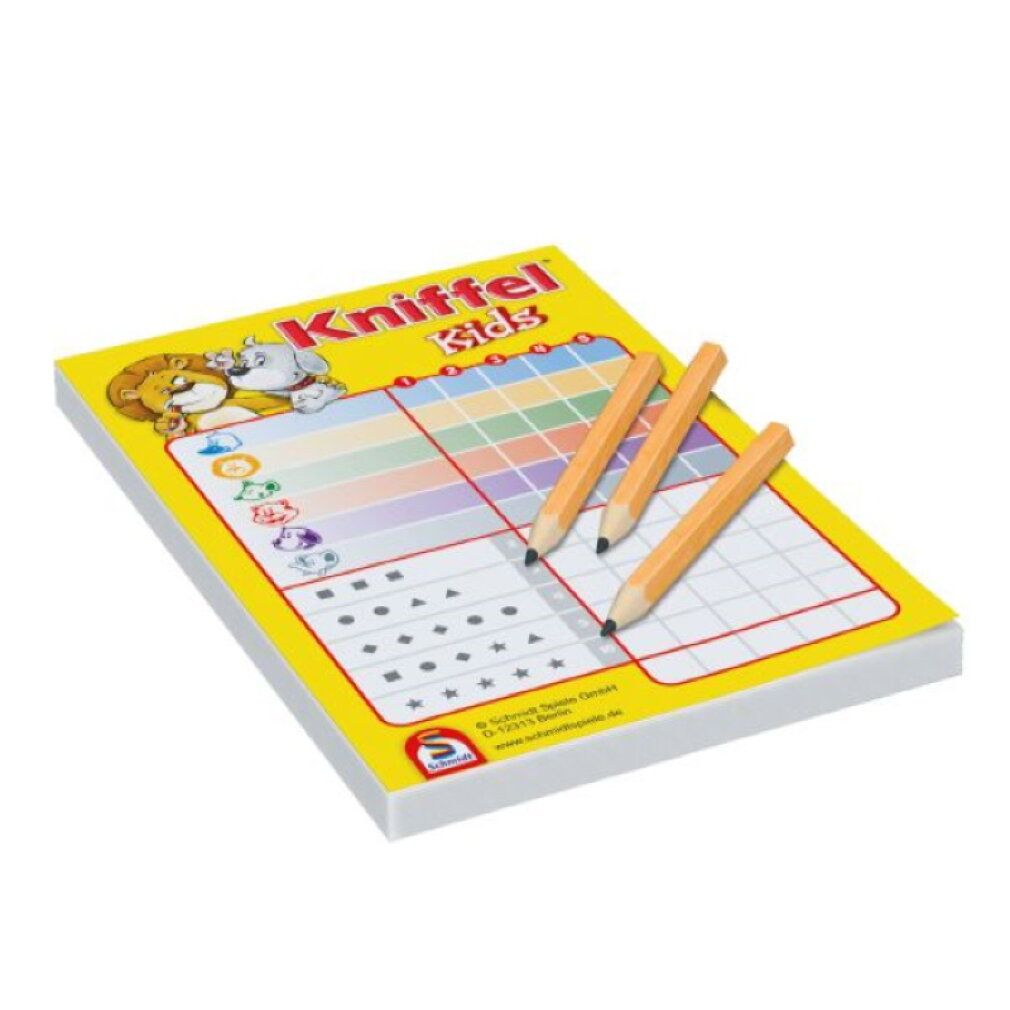 Blocco note Kniffel Kids con matite. Blocco giallo con griglia e matite. Raffigurati leone e cane.