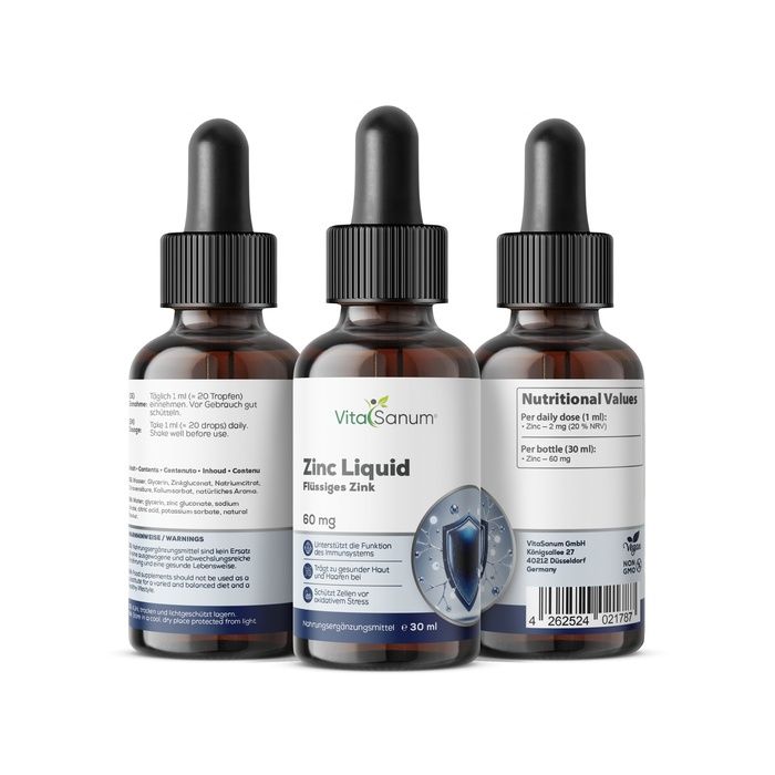 Tre flaconi VitaSanum Zinc Liquid. Vetro marrone con contagocce. Zinco per sistema immunitario e pelle. 30 ml.