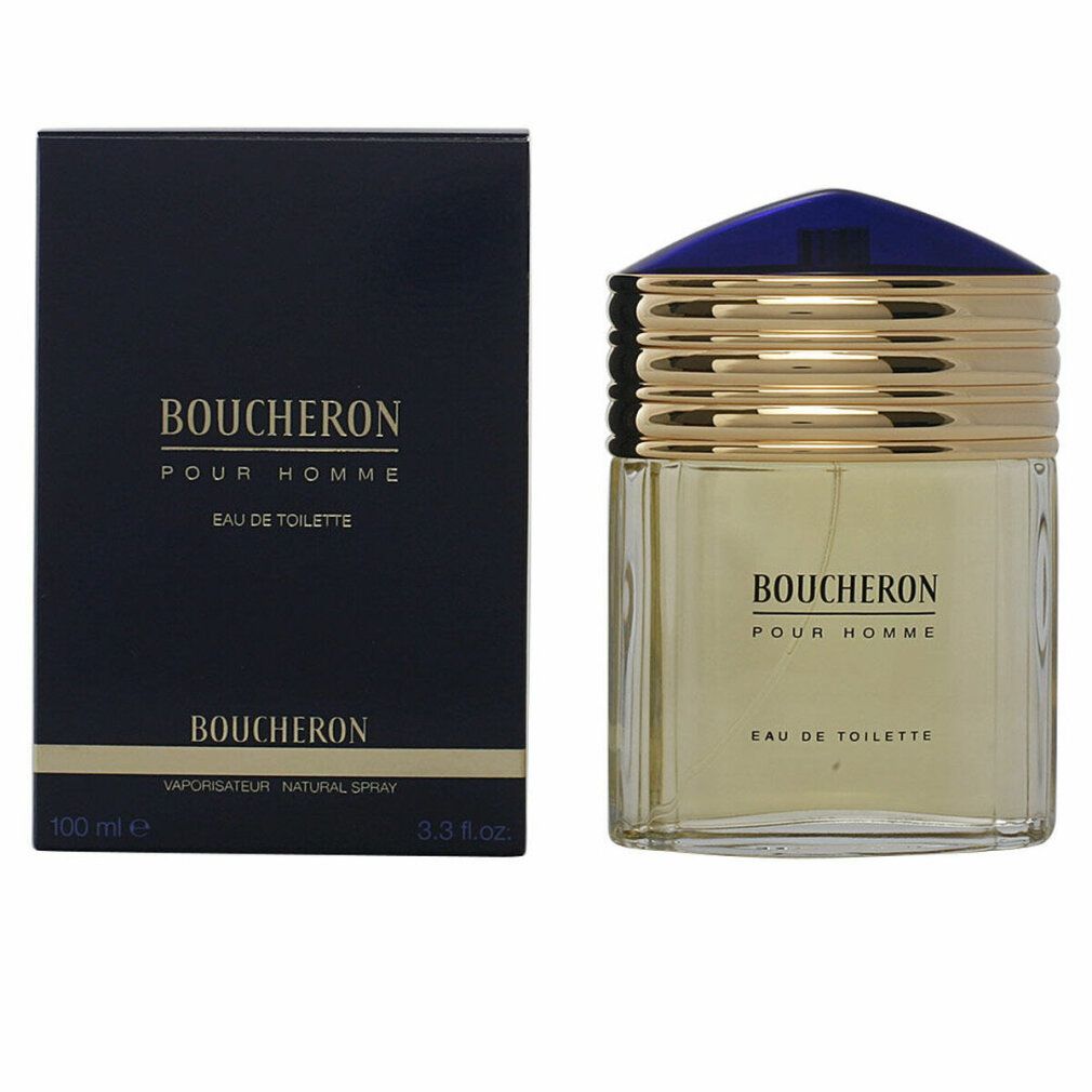 Boucheron Pour Homme Eau de Toilette Spray. Flacone e confezione. Tappo blu-oro. Flacone rettangolare con scritta.