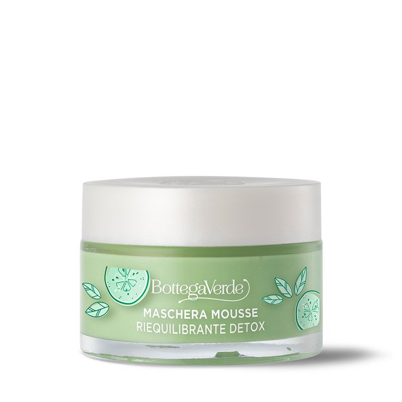 Crema verde in vasetto con coperchio bianco. Scritta: Bottega Verde, Maschera Mousse, Riequilibrante Detox.