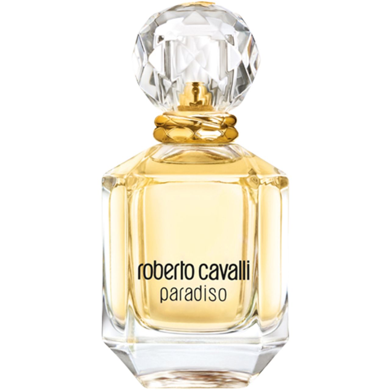 Roberto Cavalli Paradiso E.d.P. Nat. Spray. Flacone in vetro angolare con tappo dorato.