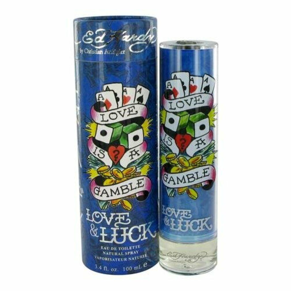 Eau de toilette blu con confezione cilindrica. Scritta Love & Luck, Ed Hardy. Design tatuaggio con carte e dadi.