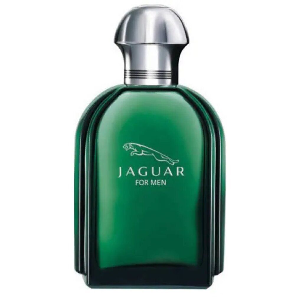 Flacone di vetro verde con tappo argentato. Scritta: Jaguar For Men. Logo: giaguaro che salta.