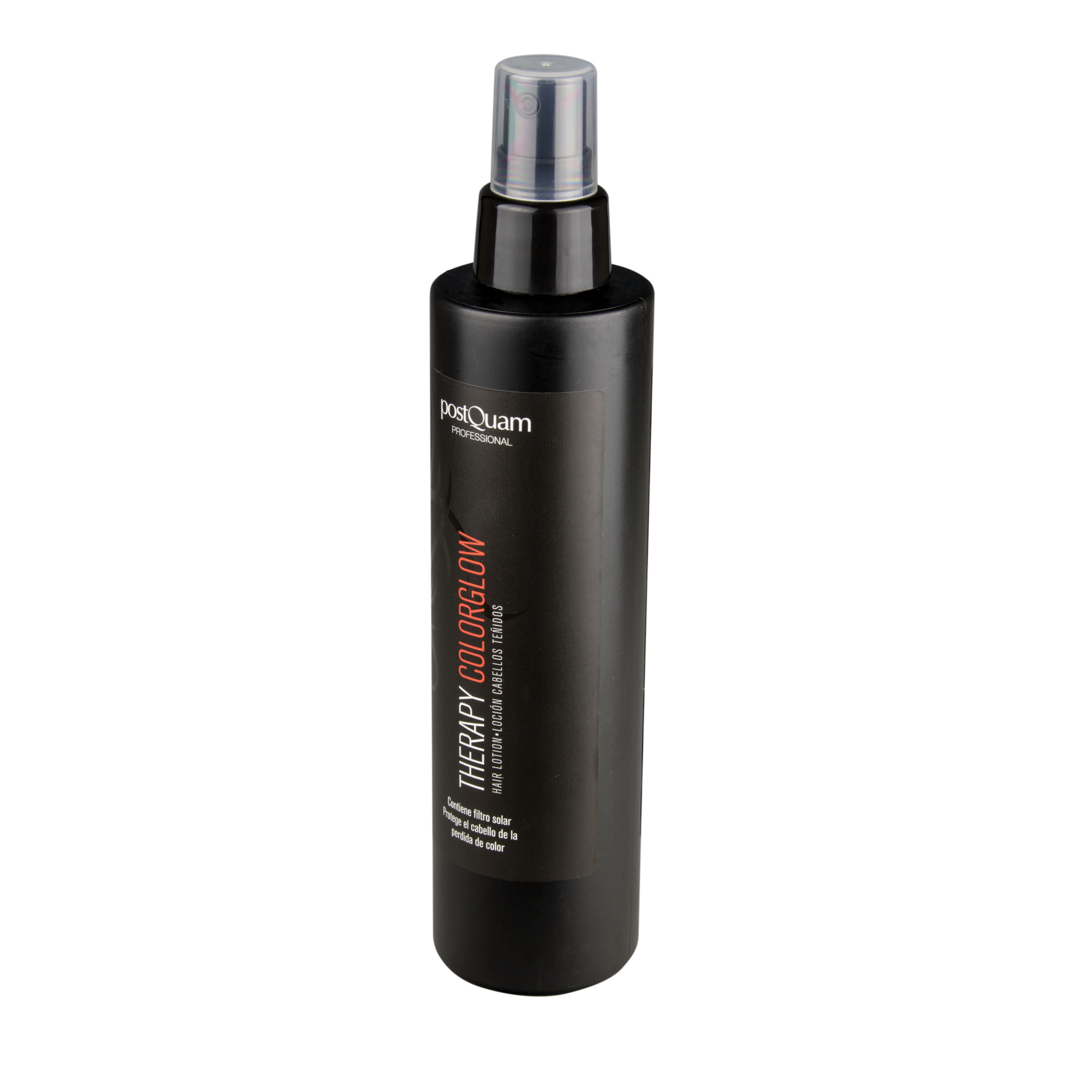 Flacone spray nero con "postQuam PROFESSIONAL" e "THERAPY COLORGLOW". Contiene filtro, protegge colore.