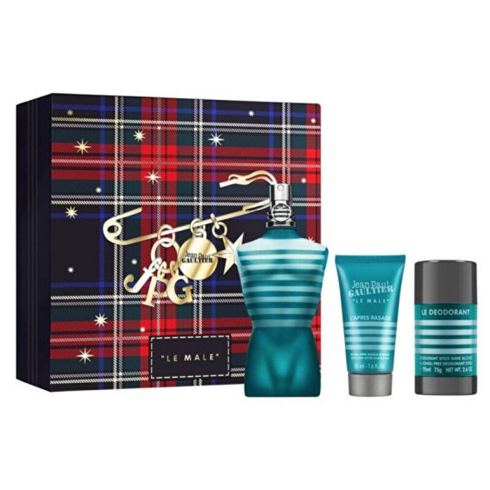 Set regalo con flacone, deodorante e dopobarba. Flacone a forma di torso, a righe blu. Confezione con motivo tartan.
