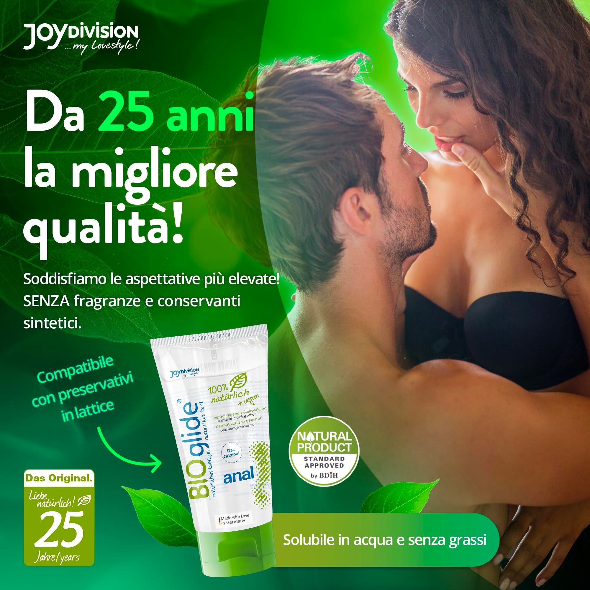 Tubo di gel lubrificante BIOglide con tappo verde. "Da 25 anni la migliore qualità!".