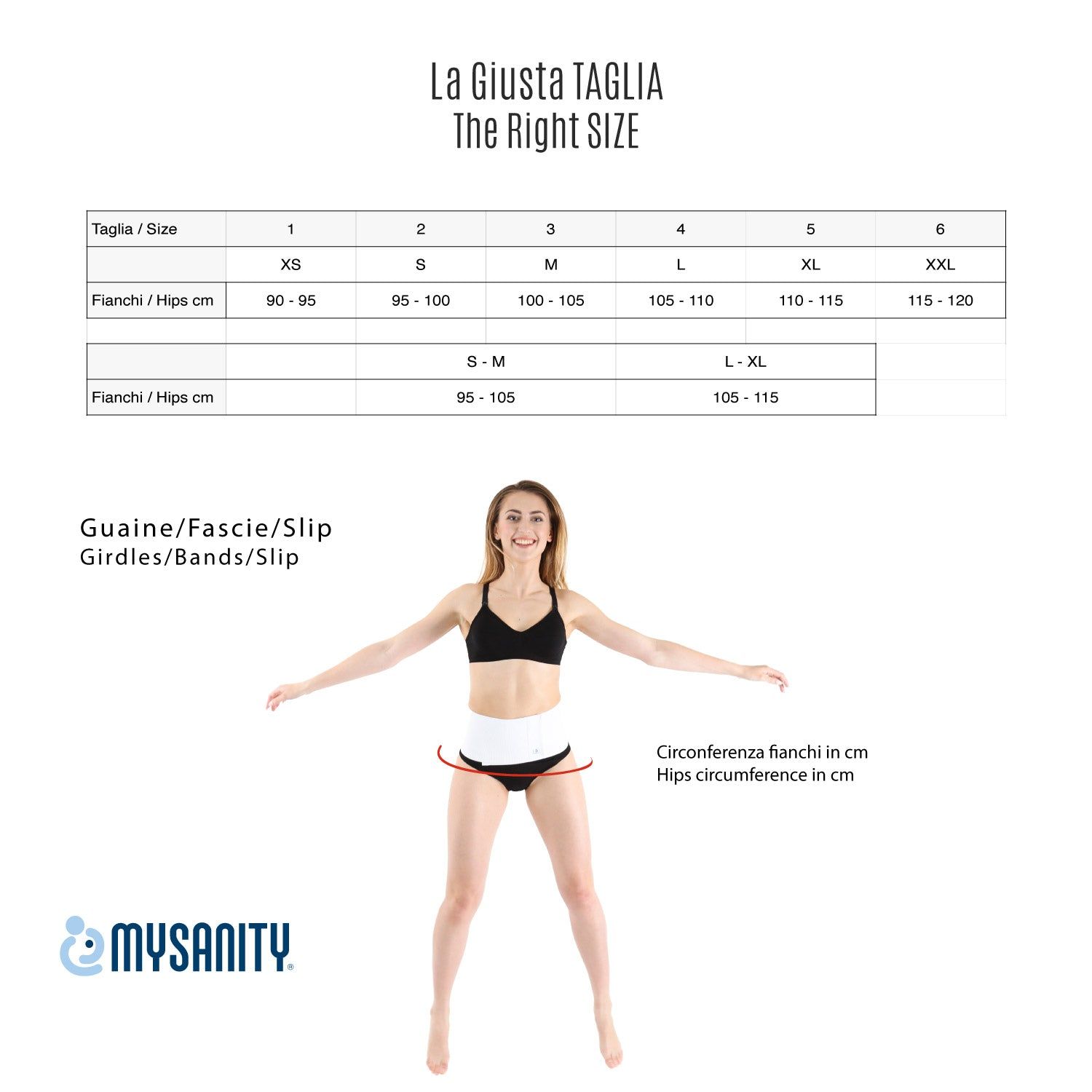 Tabella taglie per fascia addominale. Donna con fascia bianca, braccia aperte. Marchio MYSANITY.