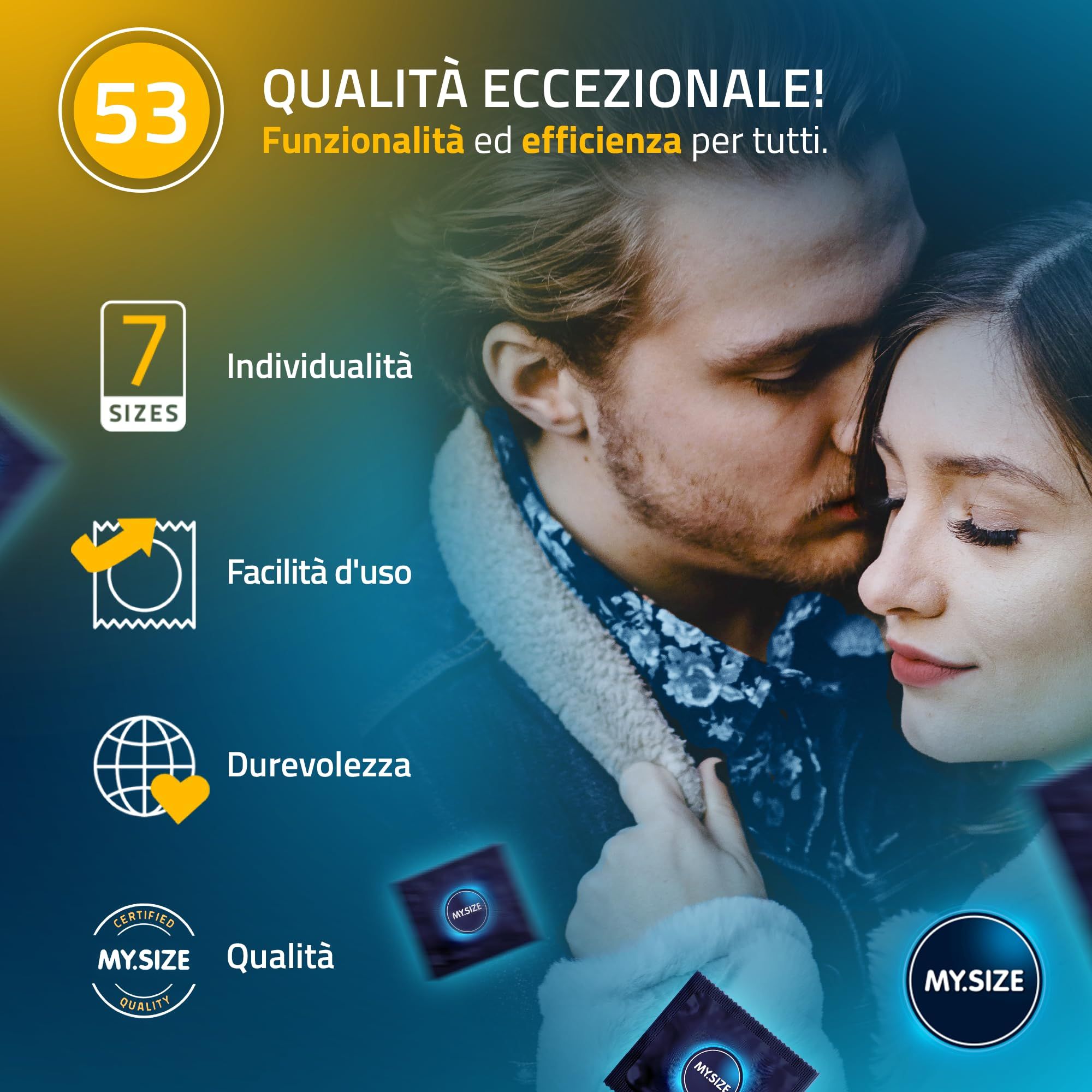 Coppia che si bacia, circondata da confezioni di preservativi MY.SIZE 53 e preservativi singoli.