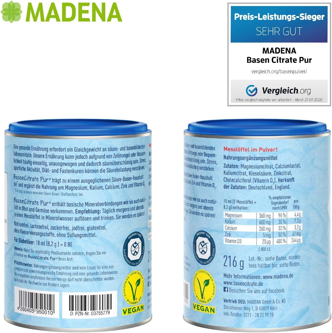 Due barattoli MADENA Basen Citrate Pur. Scritta: Basen Citrate Pur, 216g, ingredienti. Sigillo vegano. Adesivo miglior rapporto qualità-prezzo.