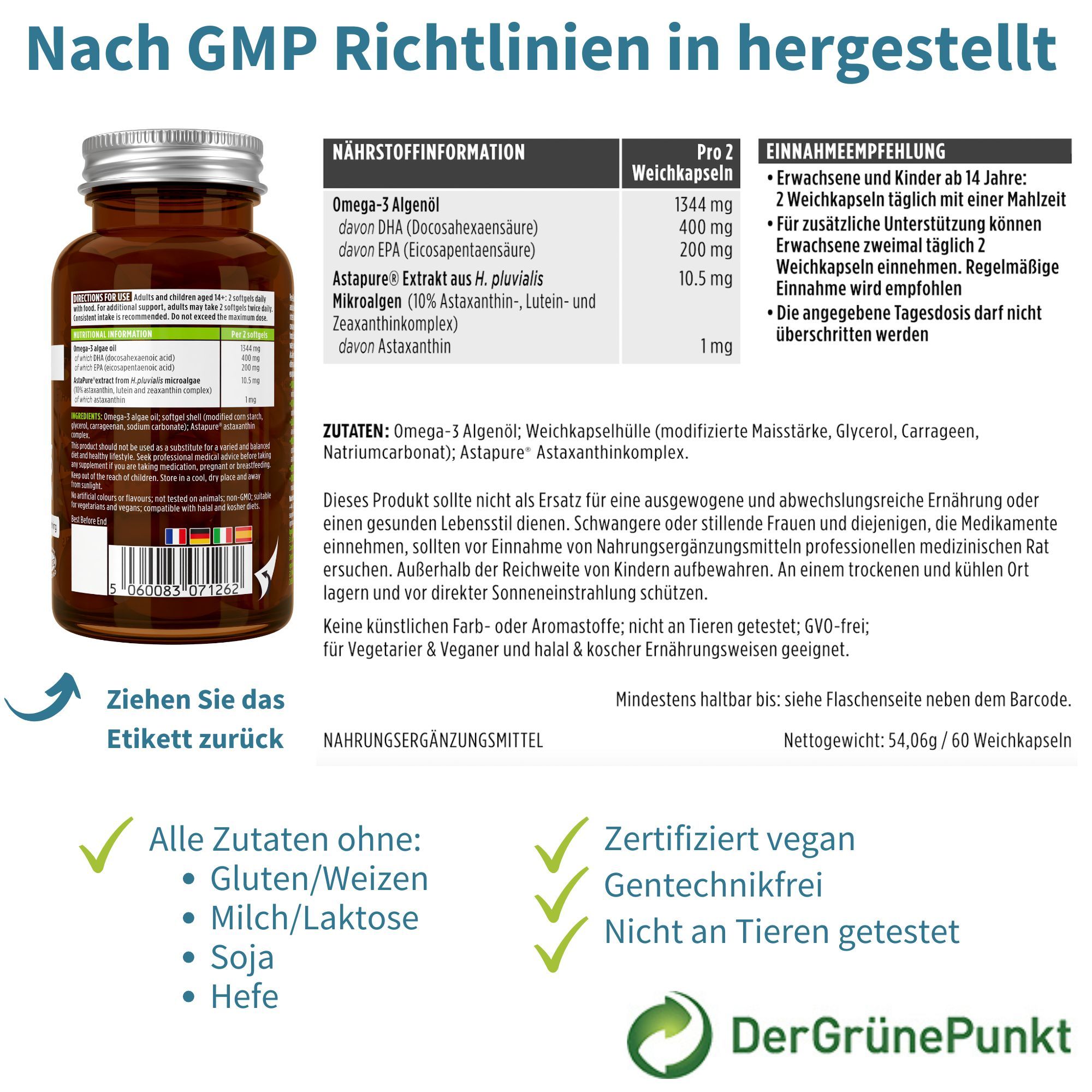 Retro di una bottiglia con informazioni nutrizionali e ingredienti. Testo: Secondo le linee guida GMP. Tutti gli ingredienti senza: glutine/grano, latte/lattosio, soia, lievito.