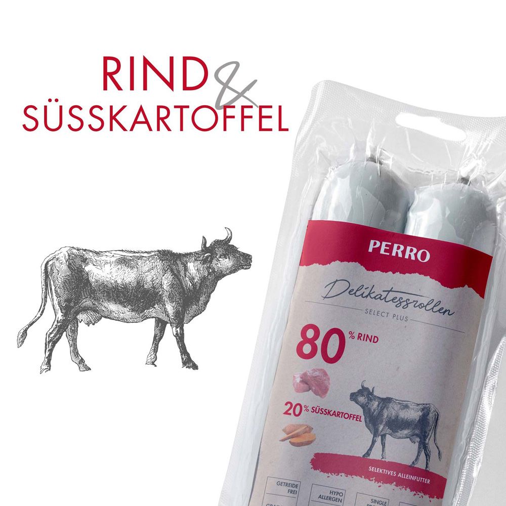 Confezione con due salsicce. Stampa con nome del prodotto, ingredienti e illustrazione di una mucca.