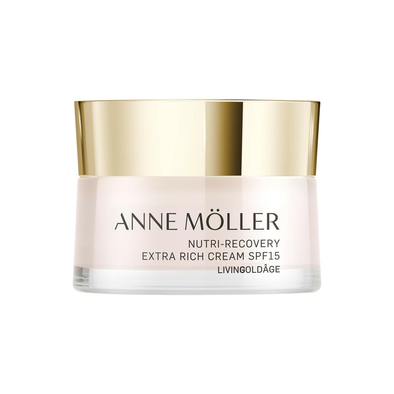 Vaso di crema con coperchio dorato. Scritta: ANNE MÖLLER, NUTRI-RECOVERY, EXTRA RICH CREAM SPF15, LIVINGOLDÂGE.
