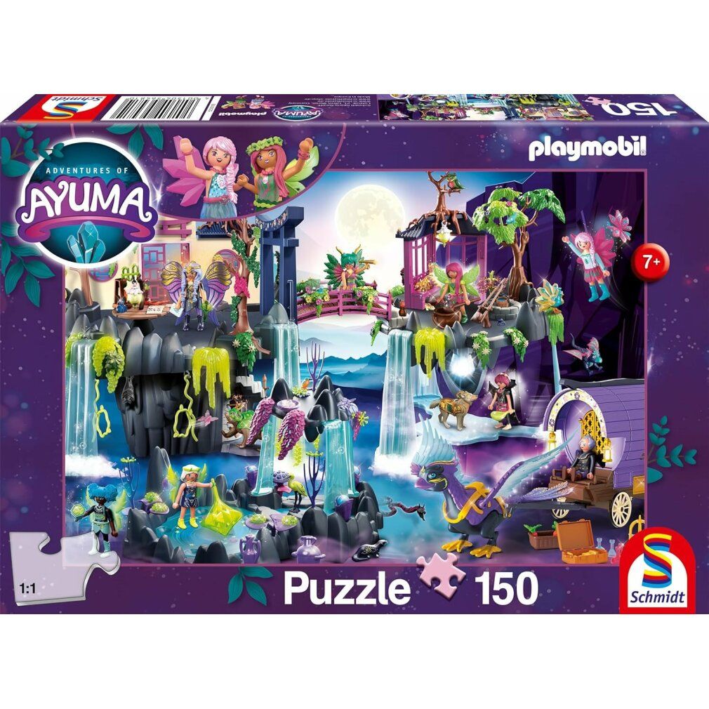 Scatola puzzle con scena, personaggi, cascate e luna. Scritta: Playmobil, Ayuma, puzzle 150 pezzi. Età consigliata.
