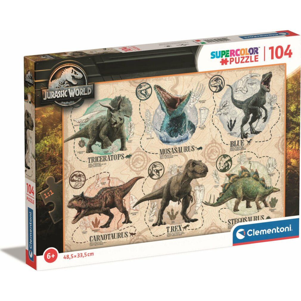 Clementoni Puzzle Jurassic World, 104 pezzi. Confezione con motivo puzzle. Logo e informazioni sul prodotto.