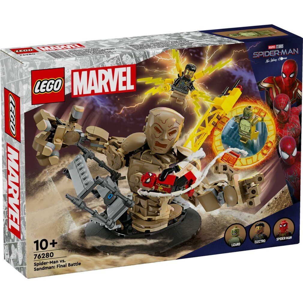 Set LEGO Marvel. Personaggio di Uomo Sabbia con Spider-Man ed Electro. Confezione con logo e nome del prodotto. Età consigliata 10+.
