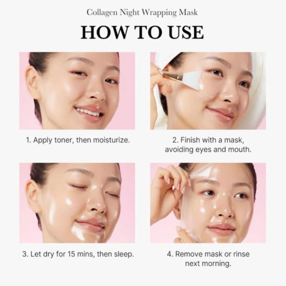 Quattro immagini mostrano l'applicazione della maschera. La donna applica, asciuga e rimuove la maschera.