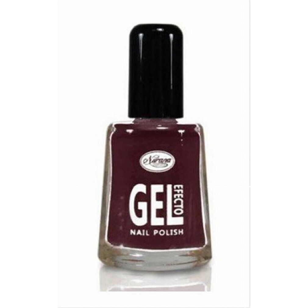 Flacone di smalto per unghie. Smalto gel bordeaux con tappo nero. Scritta: Nurana, GEL, EFFETTO, NAIL POLISH.