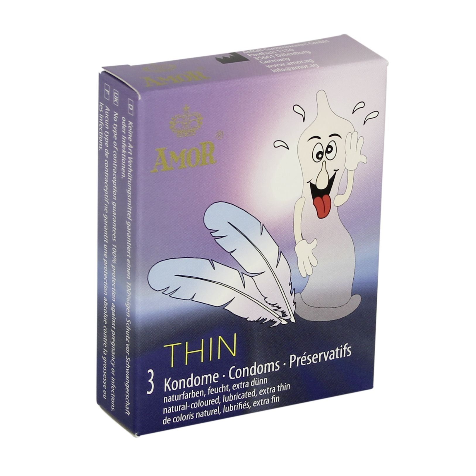 Scatola di preservativi Amor Thin. 3 pezzi. Illustrazione: piuma e preservativo cartoon. Testo: natural-coloured, lubricated, extra thin.