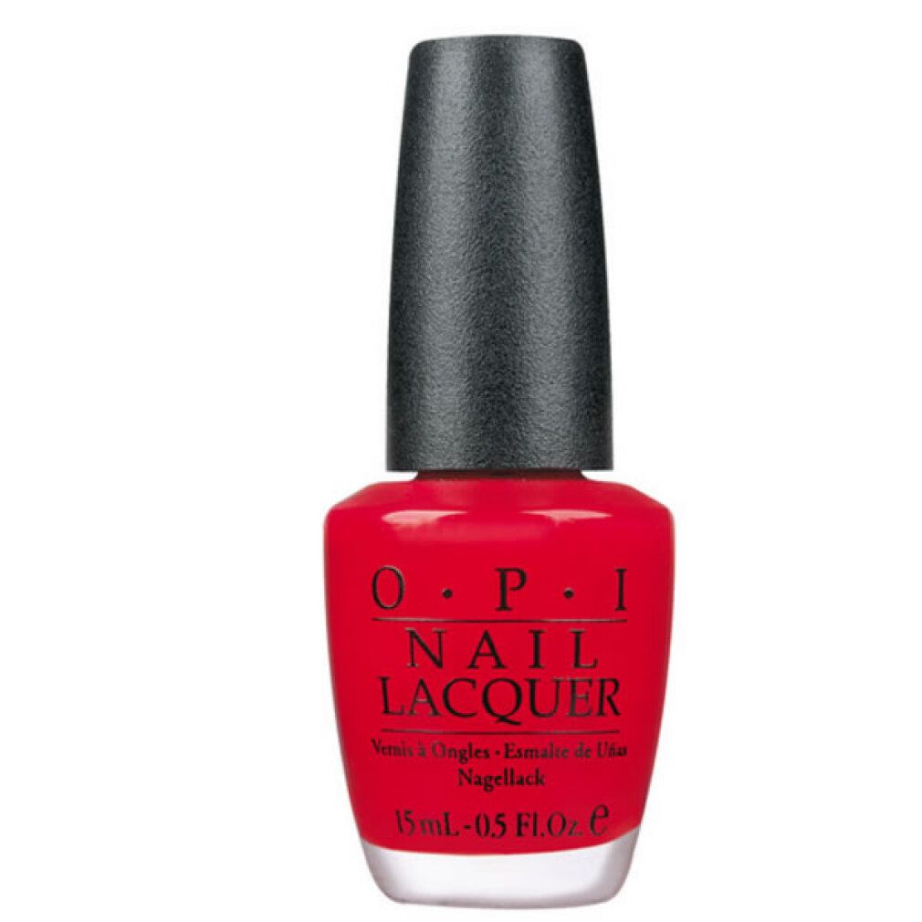 Flacone di smalto rosso con tappo nero. Scritta OPI Nail Lacquer. 15 ml.